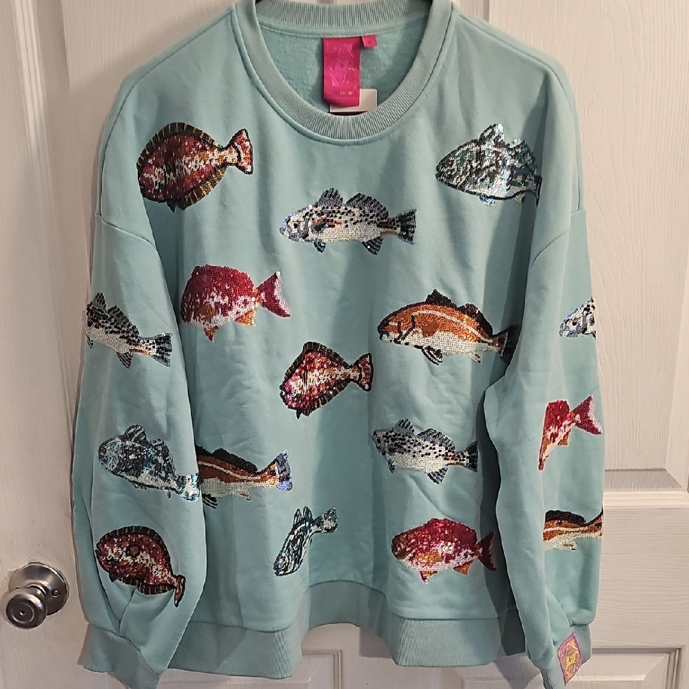 QUEEN OF SPARKLES Teal Fish Sequin Sweatshirt